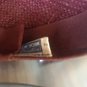 STRIKING 1940S\' GARNET STRAW WIDE BRIM HAT - FEATHER BOWS & MATCHING VEIL New York Creation | Accessories | Striking 94s Garnet Straw  main image 4